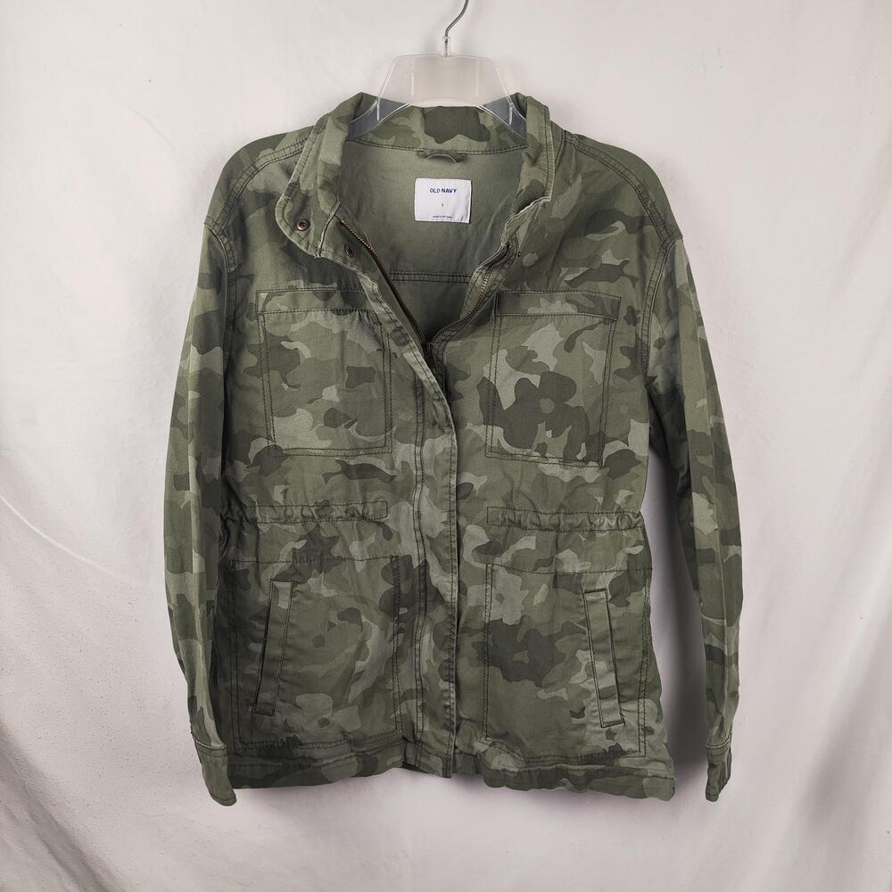 Old Navy Jacket Womens Small Green Camo Canvas Military Zip Pockets Lightweight